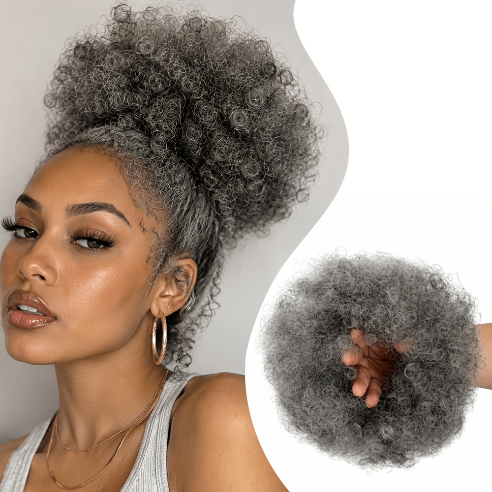 TEMU Thickened Extra Large Salt & Pepper Gray Afro Hair Bun Scrunchie, Fluffy Synthetic Hair Piece, Costume Hair Accessory For Halloween Party, Stage
