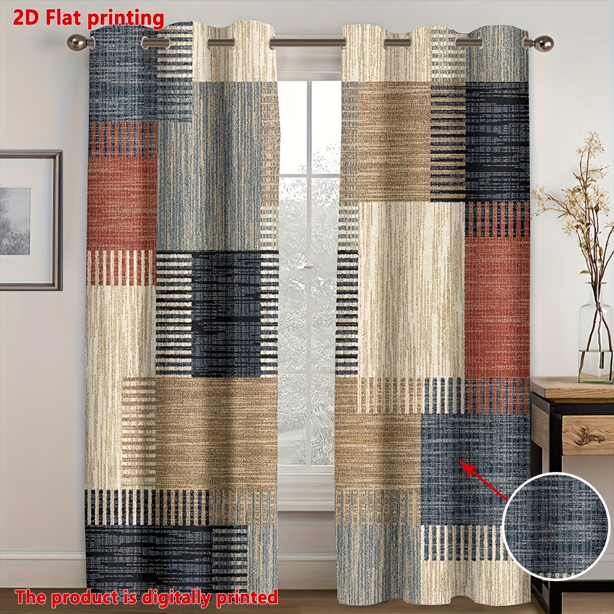 TEMU 2d Flat - 2d Flat - 2pcs, 2d Flat Printing Colorful Geometric Modern Minimalist, Perforated Installation, Curtains, Polyester Material Light,