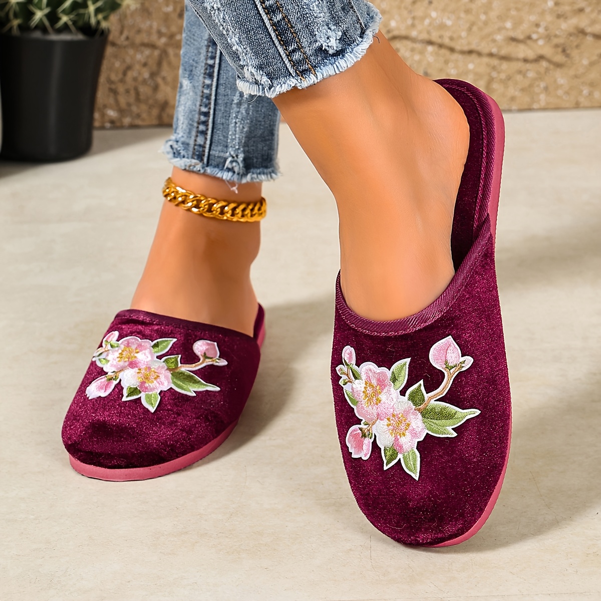 TEMU Women's Mule Slippers With, Vintage Flannel, Soft Sole, Comfortable For Indoor And Outdoor Use, Women Shoes