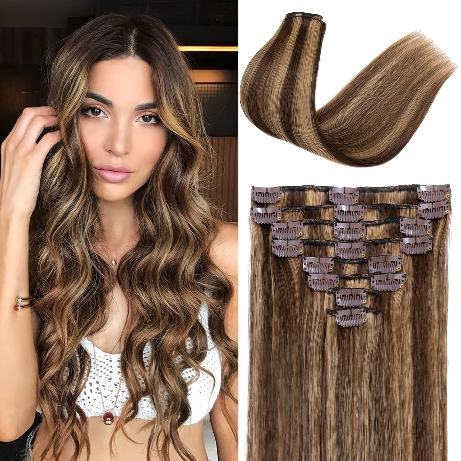 Image of 8pcs Clip In Hair Extensions Human Hair - Brazilian Hair P4/27 Piano Highlight Human Hair Extensions Clip Ins, Double Weft Hair Extensions Human Hair For Women
