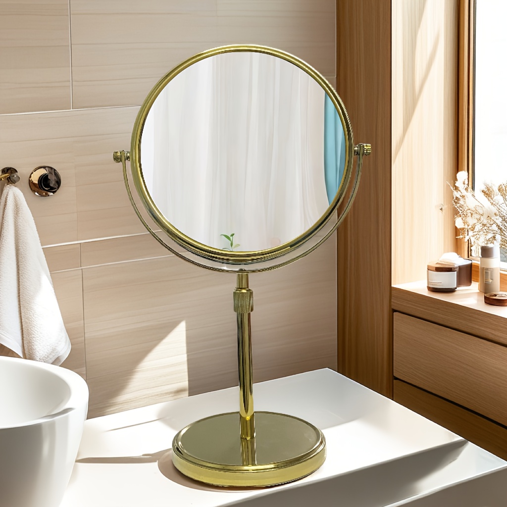 Golden Rotating Double-sided Makeup Mirror With Adjustable Height – Polished Glass, Desktop Stand, No Power Needed, Bathroom Or Vanity Use