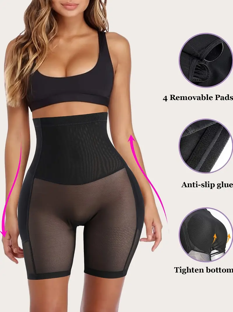 1pc, women's high waist shaping shorts, padded hip enhancer, seamless body shaper, anti-slip, removable pads, sports style, tummy control panties black 2