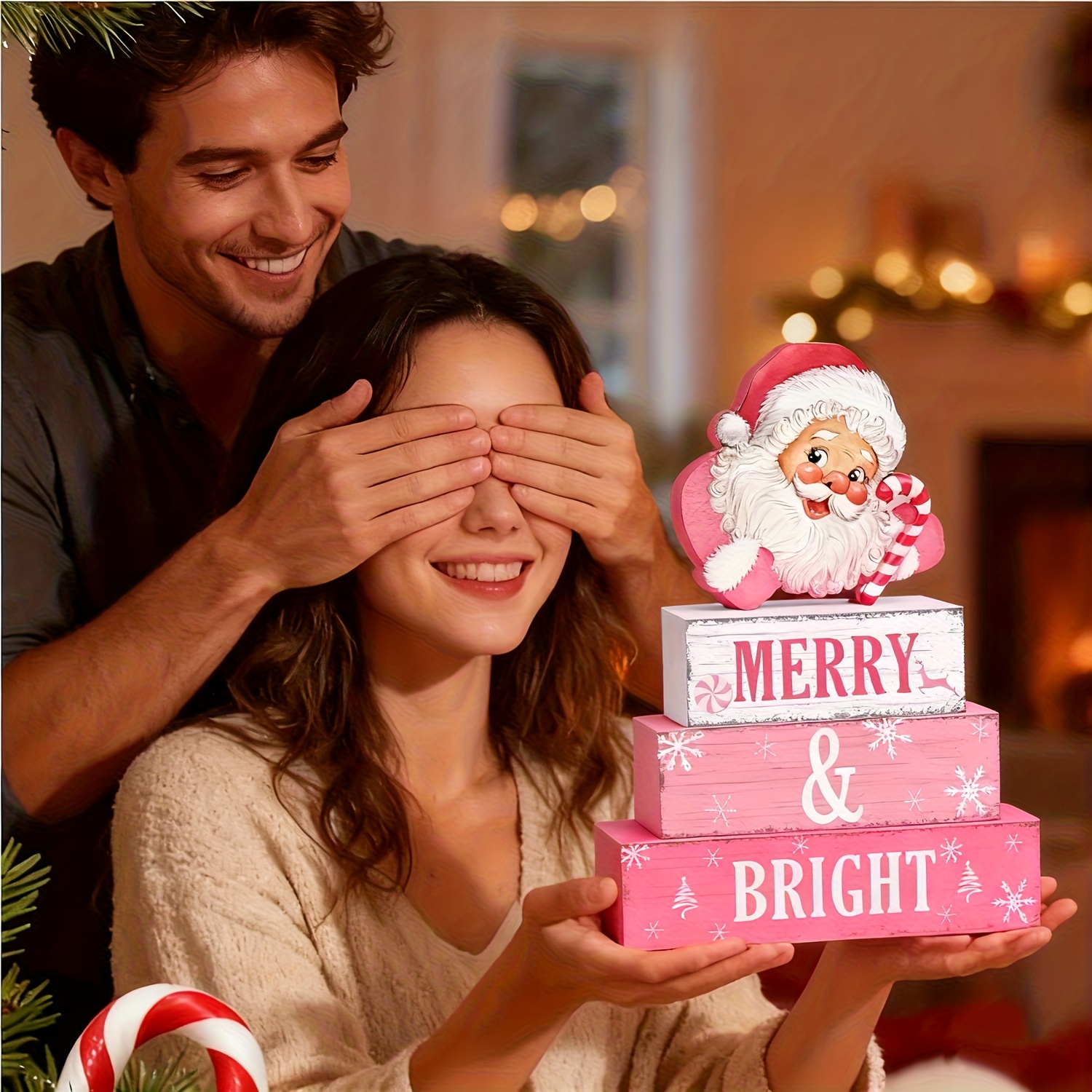 TEMU 4pcs Christmas Indoor Decorations, Wooden Christmas Party Table Decorations, Santa Claus Merry&bright, Pink And , Merry Christmashome