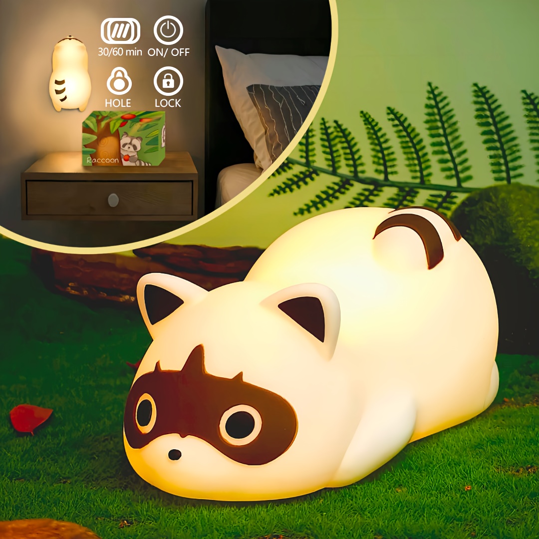 cute raccoon led night   controlled rechargeable dimmable table lamp with adorable animal design for bedroom decor mothers day gifts cozy ambient lighting for home easter gifts Product details 9