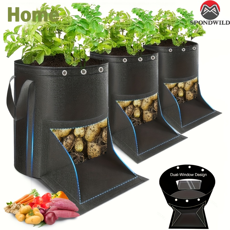 A Set Includes 3 10/15 Gallon Potato Grow Bags with a Visual Harvest Window. These Grow Bags Are Suitable for Vegetable Planting, Ideal for Growing Crops Such As Carrots, Tomatoes, And Onions, And Feature Handles And Metal Eyelets