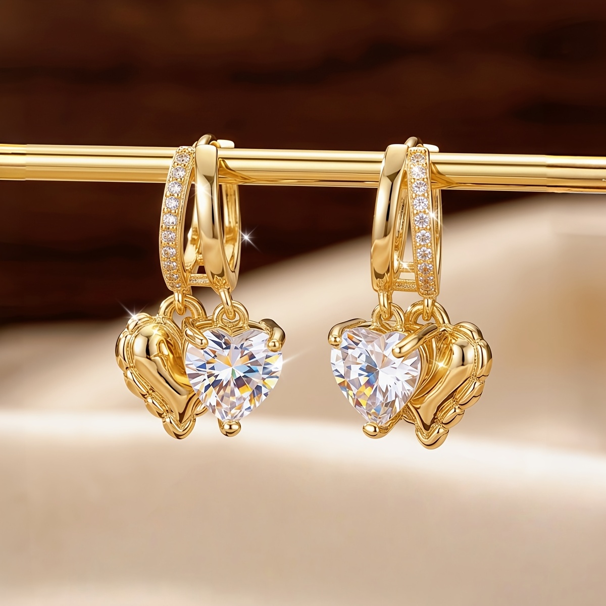 TEMU A Pair Of Elegant And Exquisite Double-hoop Heart-shaped Copper Pendant Earrings, Inlaid With Sparkling Heart-shaped Cubic Synthetic Zirconia,