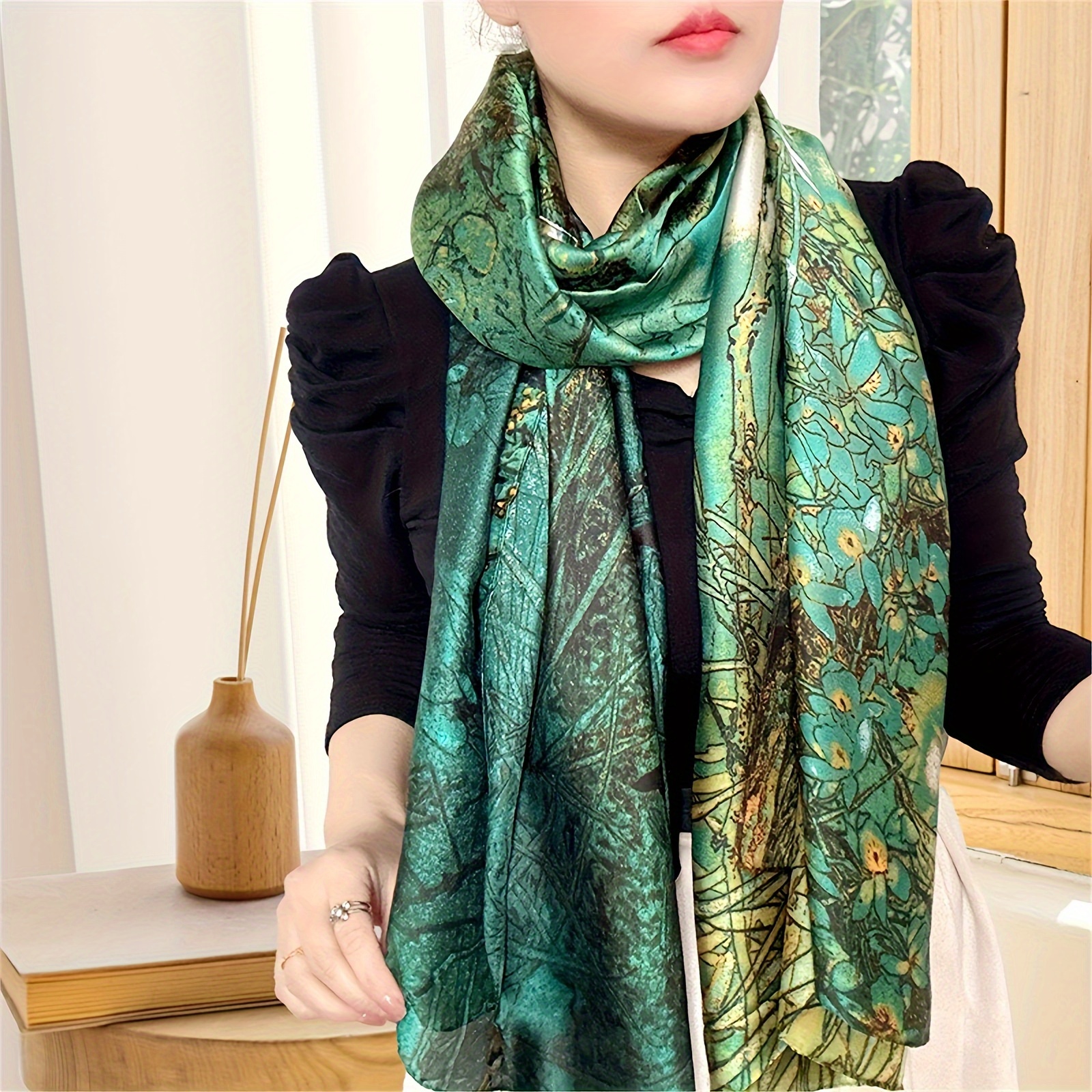 TEMU 1pc Retro Printed Scarf Thin Satin Smooth Shawl Casual Sunscreen Windproof Head Wrap For Women