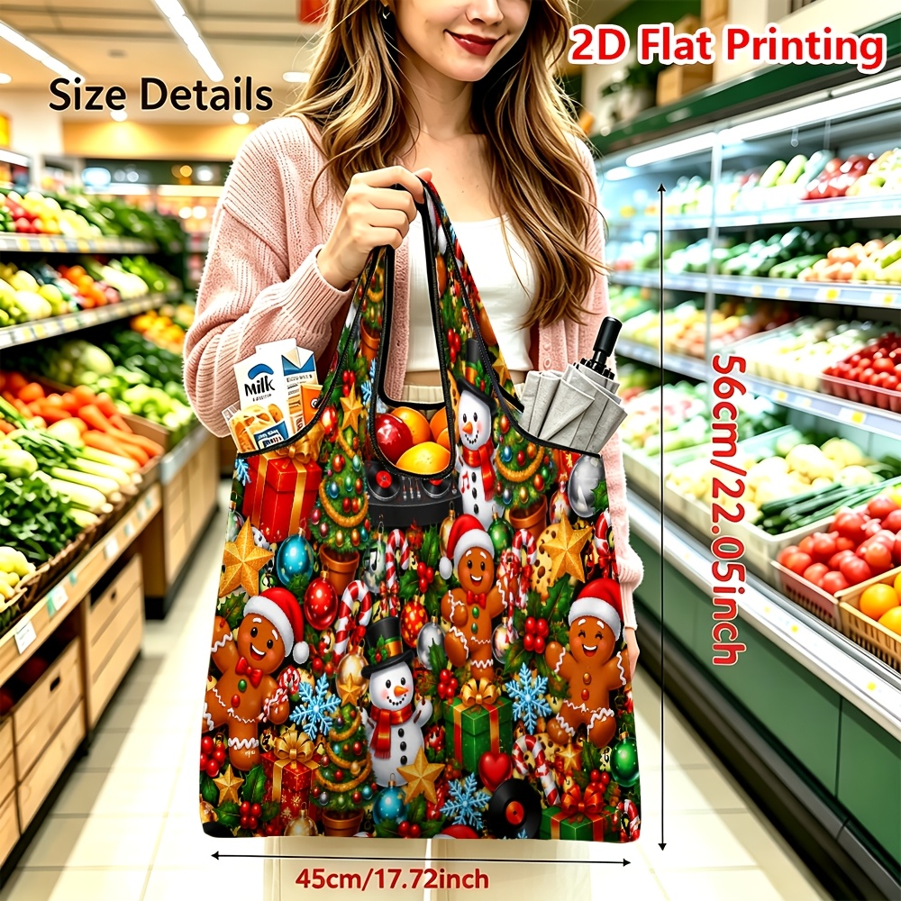 TEMU 1pc Large Reusable Foldable Shopping Bag Suitable For Grocery, Picnic, Travel - Christmas Themed Tote With Hot Transfer Print, Carrier For