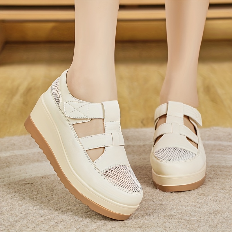 sandalias   transpirables para mujeres - zapatos de cuña de   gruesa y correa de tobillo,   y beige, puntera redonda cómoda para ropa casual 4