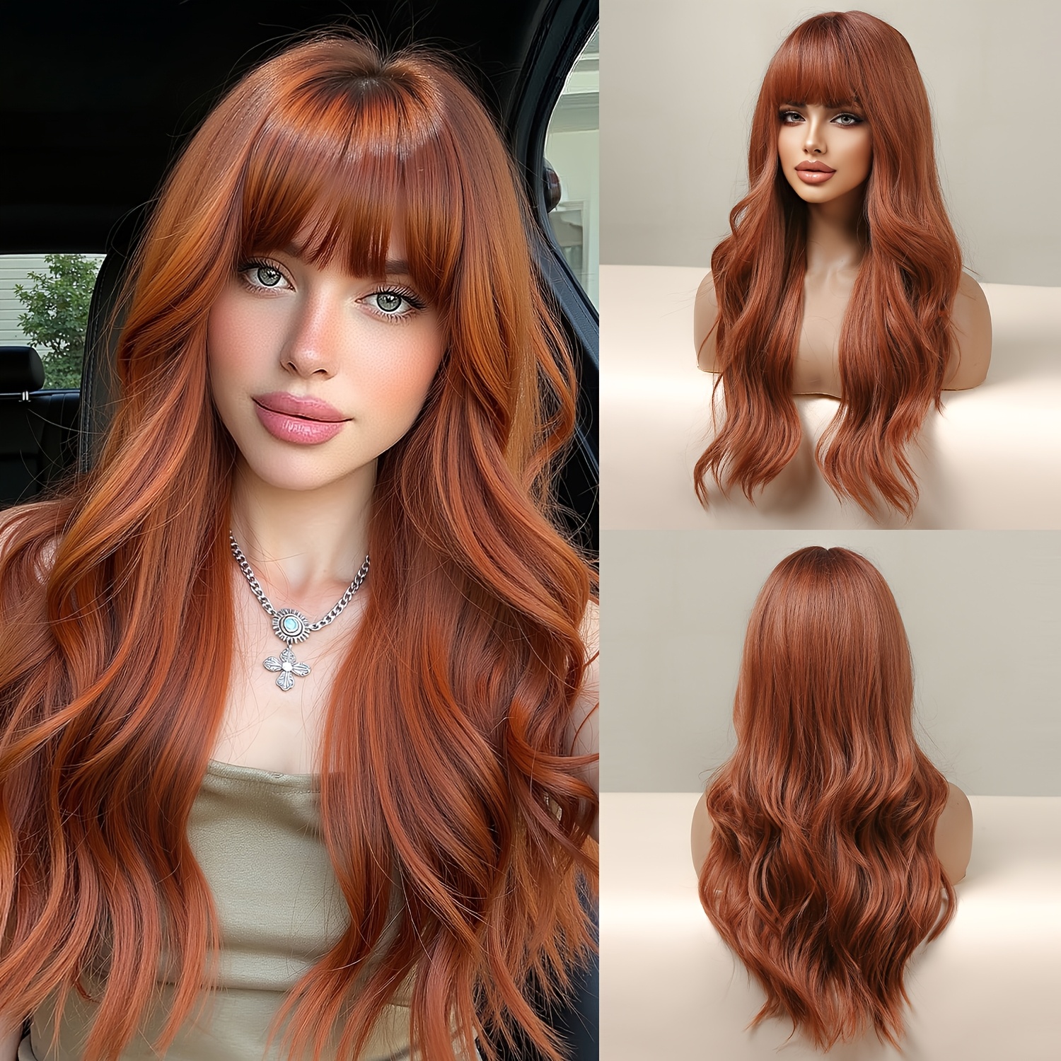 22-inch Red-brown Straight Bangs Curly Synthetic Wig Gift Elegant And Sophisticated Style Suitable For