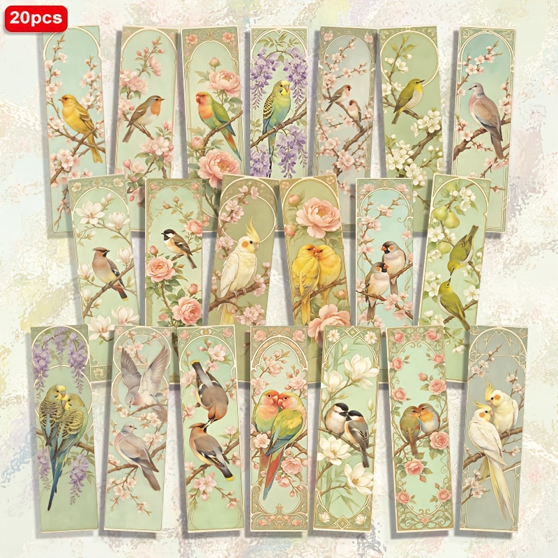 TEMU 20pcs Vintage Style Ornate Borders, Birds On Branches, Parrots, , Flower, Plant, And Animal Patterns 1.5in*5.9in 2d Printed Paper Bookmarks,
