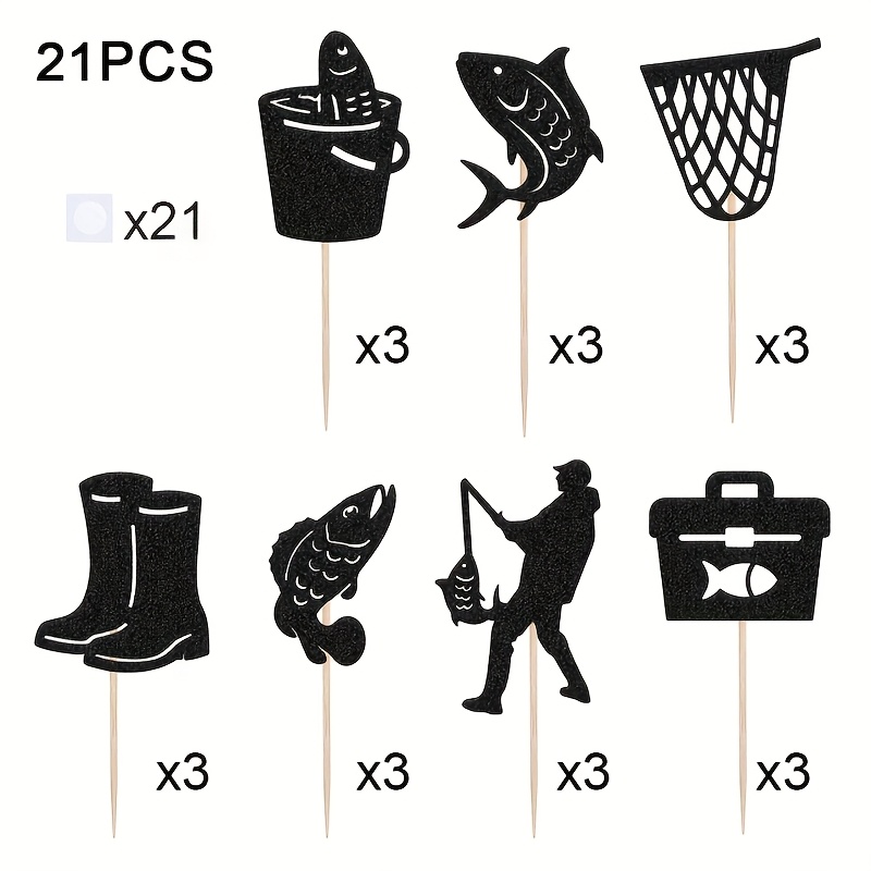 Image of 21pcs Fishing Cupcake Toppers, Birthday Cupcake Decorations, Fishing Cupcake Decor, Fishing Theme For Men Women Celebration Event Anniversary, Father's Day Party Supplies