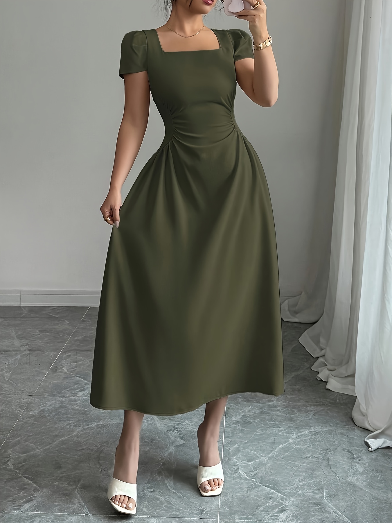 womens elegant solid color puff sleeve midi dress square - Temu Oman