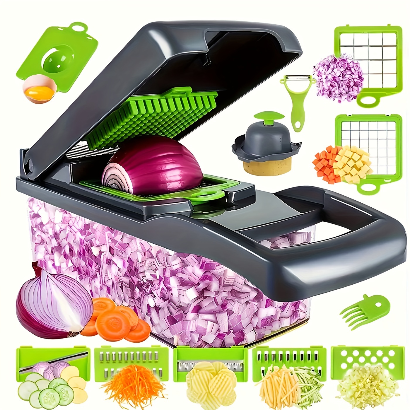 

Vegetable Onion Chopper, Kitchen 16 In 1 Food Chopper 8 Blades Cutter With Container