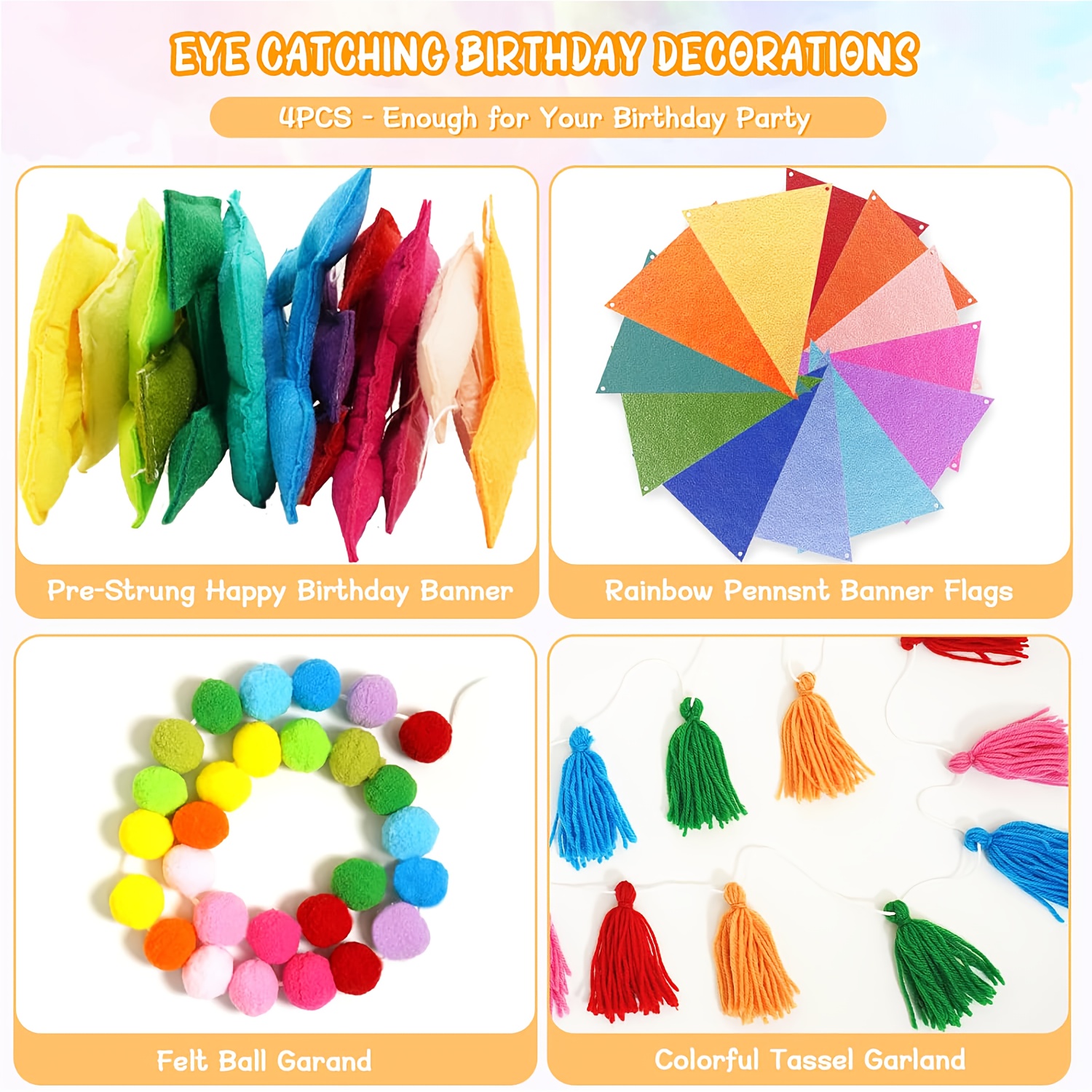 Image of Happy Birthday Banner With 3d Felt Ball Garland & Colorful Tassels - Pre-, Unicorn Party Decor For Indoor Celebrations, Birthday Party Decor|rainbow Theme|colorful Tassels, Birthday Party Decorations