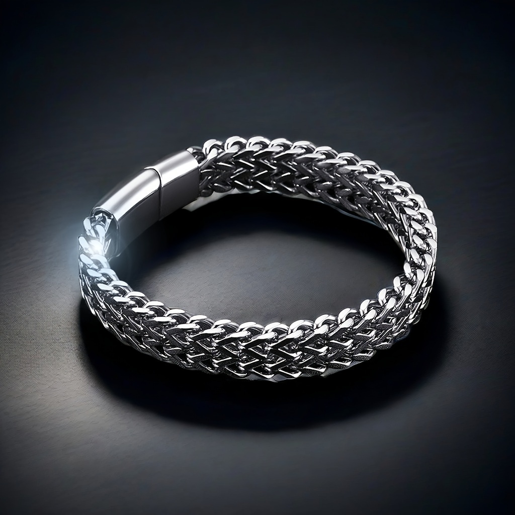 bracelet à double rangée cuban link en acier inoxydable avec design  , accessoire de mode unisexe,   une fermeture magnétique, look décontracté,   pour mari,   ou père Détails du produit 0
