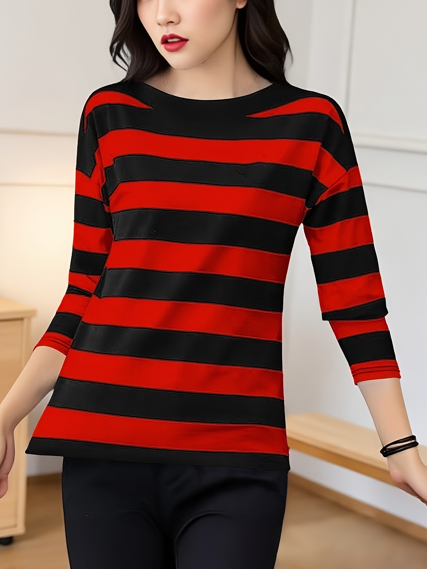 camiseta larga cuello rayas negras mujer Temu Spain