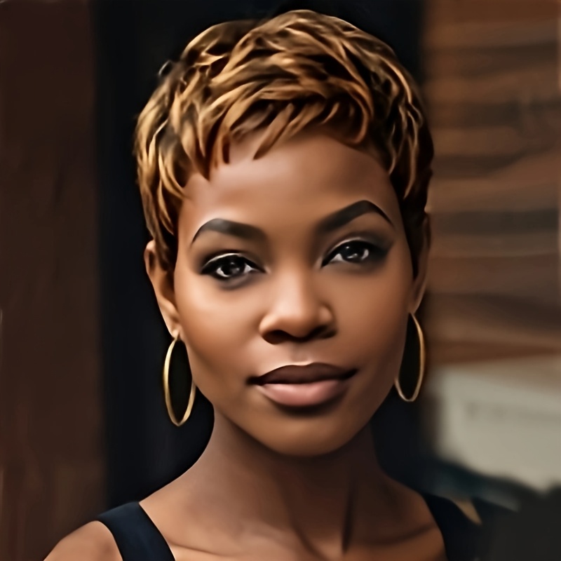 TEMU Synthetic Short Cut Wig Featuring A Blend Of Blonde And Brown Hair, Designed For Women