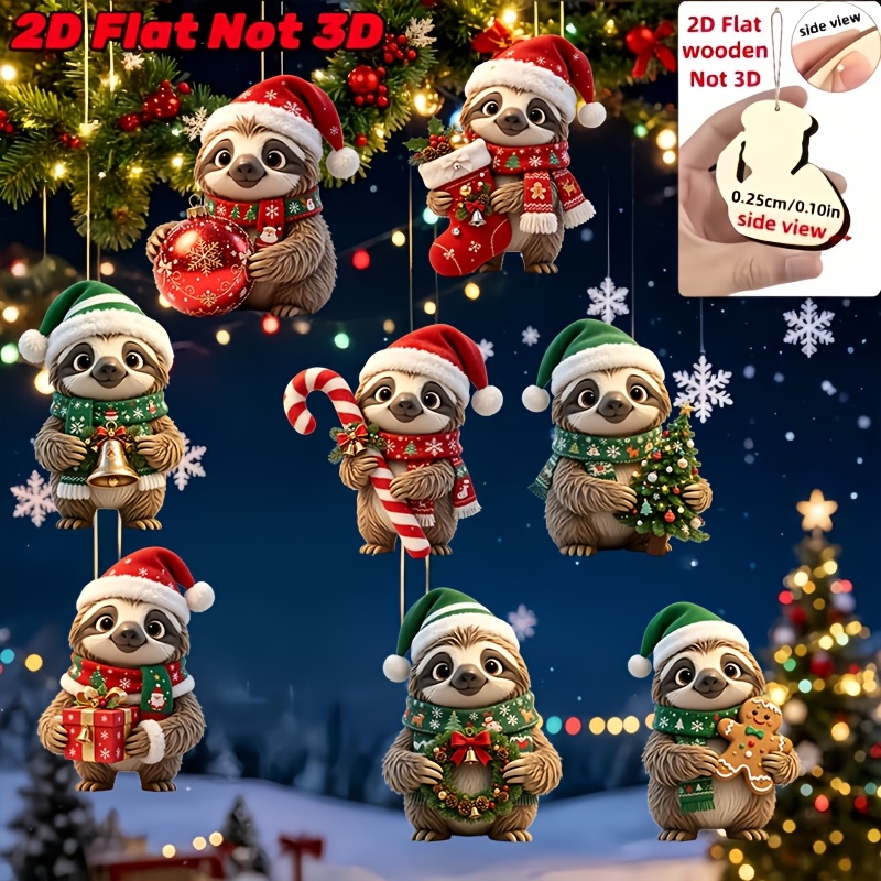 TEMU 2d Flat, 2d Flat - 8pcs Set Of Adorable Sloth Wooden Ornaments In Christmas Outfits - 2d Flat, Not 3d | , Made Of Wood | Suitable For Christmas