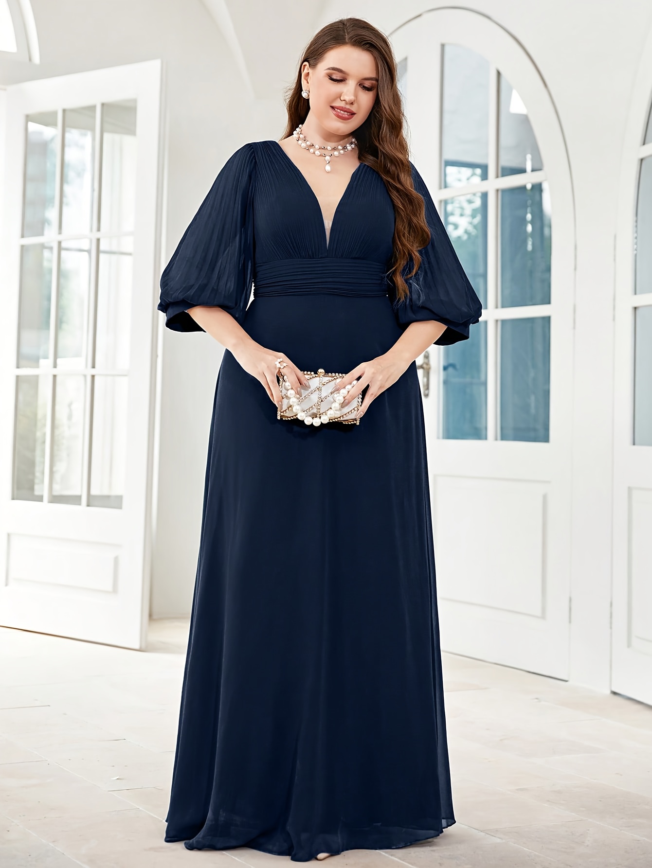 plus size plus size deep v long sleeve pleated chiffon dress - Temu Oman