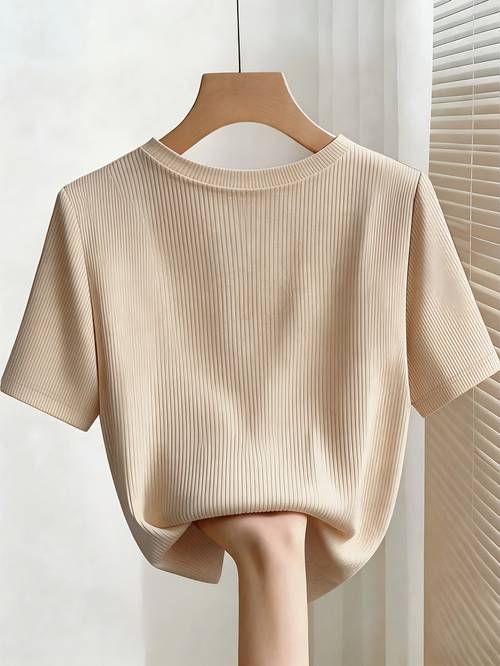 spring and summer directional womens elegant fit round neck beaded short sleeve casual t shirt