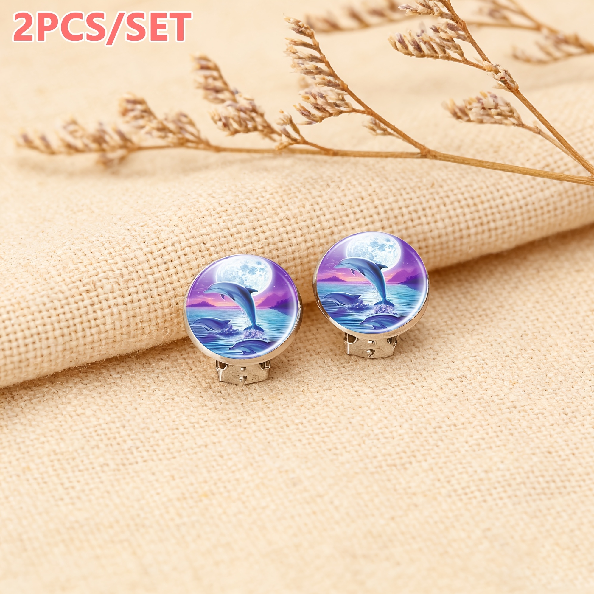 TEMU 2pcs Set Of No-piercing Round Glass-faced Earrings/ear Clips For Women, Featuring A Design Of 3 Leaping The Water Under The Moonlight Against A