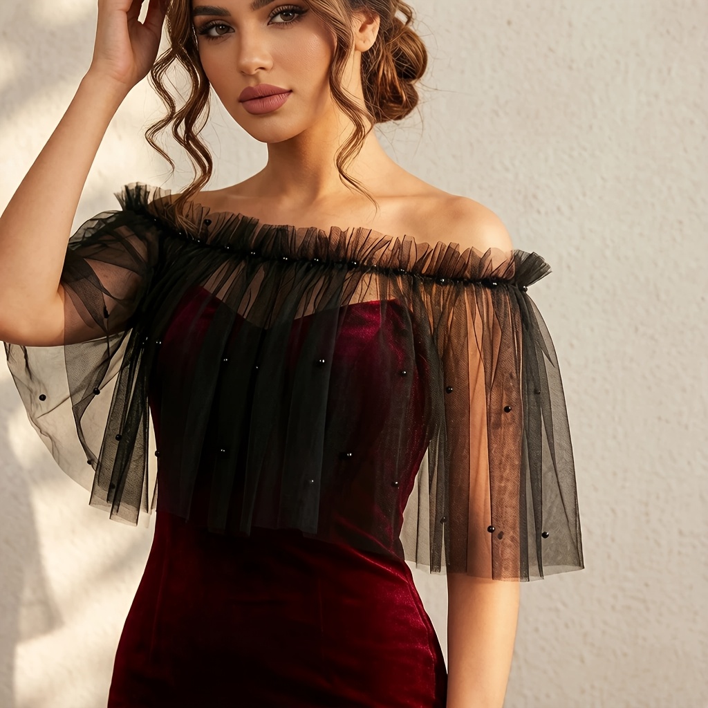 Vintage Beaded Black Mesh Ruffle Shoulder Piece - Elegant Wedding & Dress  Accent Suitable for Prom Dresses, Bridal Outfits, Hand Washable Shoulder  Panel, Holiday Gift VG112-B
