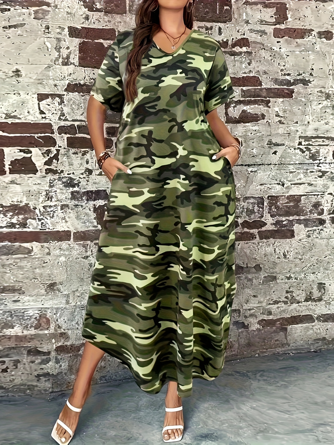 womens casual camo print maxi dress v neck short sleeve - Temu