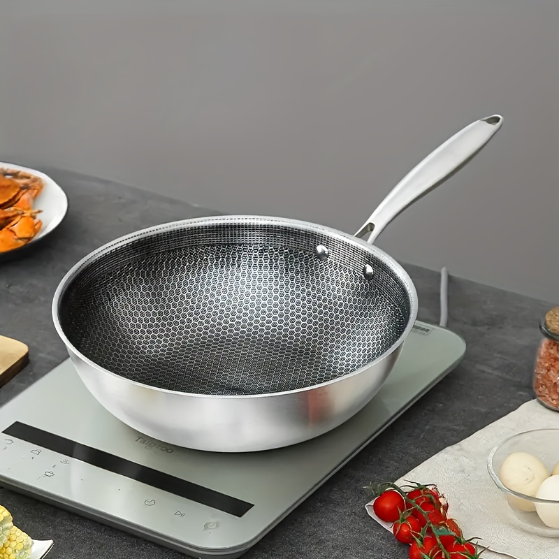 stainless steel chefs pan non stick honeycomb surface scratch resistant heat resistant ergonomic one handed design ideal for stir frying with versatile cookware for home and outdoor use details 1