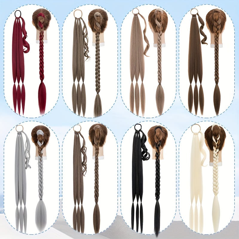 a 34 inch long braided ponytail hair extension with elastic band for a straight and smooth wrapped ponytail diy hairstyle details 2