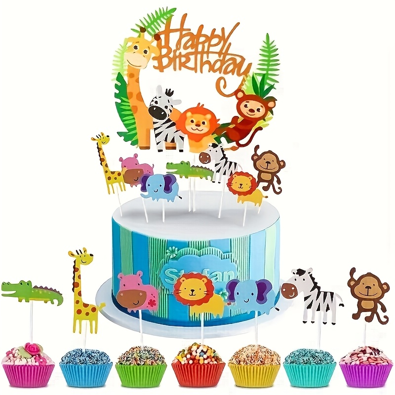 Image of 8 Animal Jungle Theme Birthday Cake Decoration , Elephant Lion Monkey Crocodile Piglet Giraffe Zebra Theme Cake