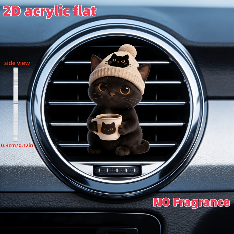 TEMU 2d Flat, 1pc Cute Little Black Cat Wearing A Hat Pattern Car Vent Clip Decoration, "fragrance-free," With An Odorless Sponge Pad, You Can Add