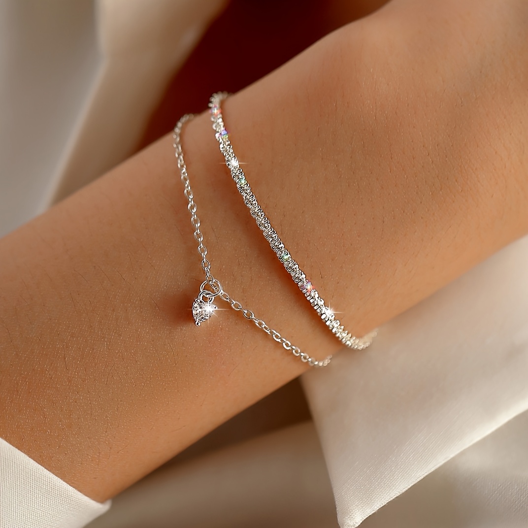 Image of 2pcs/luxurious Shiny Heart Pendant Bracelet Set For Women Valentine's Day Mother's Day Gift