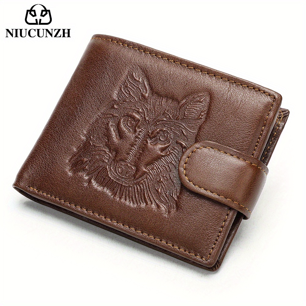 Image of Men's Genuine Leather Wallet With Wolf Head Print Bifold Anti-magnetic Head Cowhide Multifunctional Coin Pouch Coin Pocket With Card Position Gift