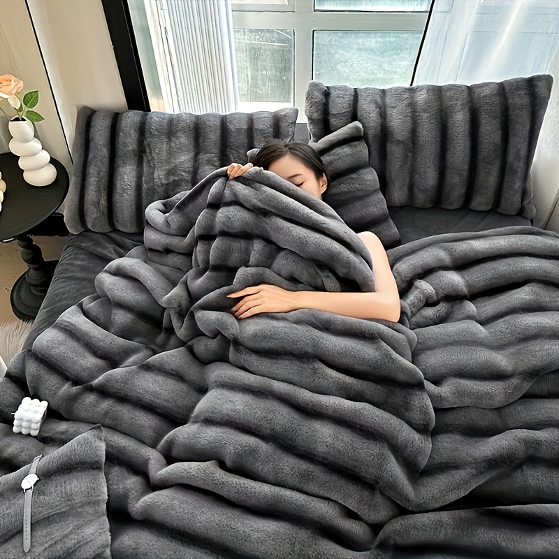 High Luxury Thick Striped Rabbit Like Plush Blanket, Autumn and Winter Thick Bed Blanket Cover, Skin Friendly and Comfortable, Providing All Day Warmth and Comfort, Suitable for Sofas, Beds, Offices and Travel, Multi-purpose Blankets, Holiday Gifts - Image 5