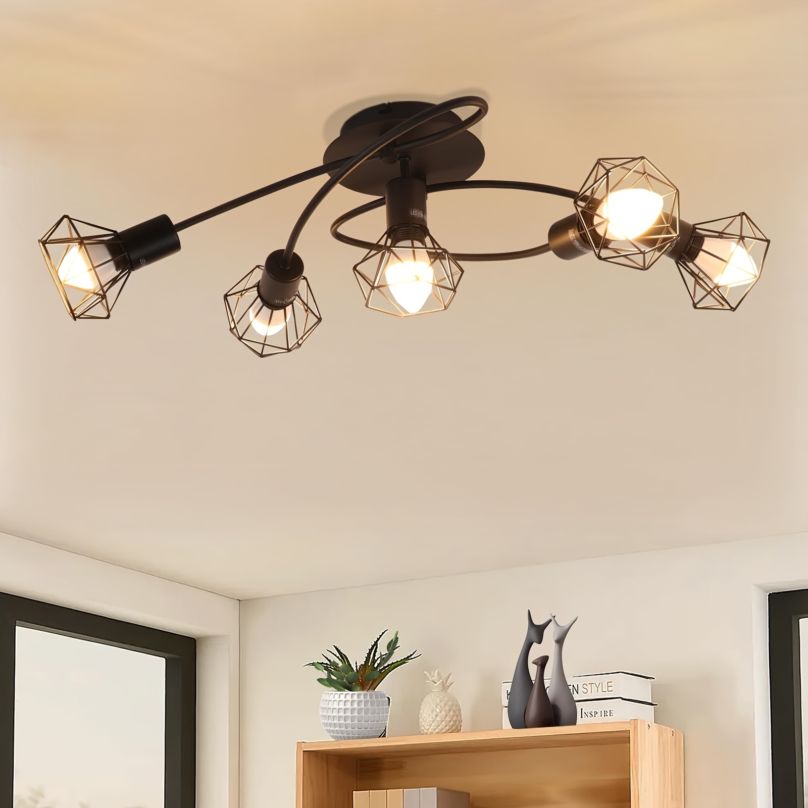 TEMU Plafonnier Rétro 3/5 Douilles Noires pour Salon, Lampe de Plafond E14, Projecteur de Cuisine, Convient pour Salon, Chambre, Salle à Manger,