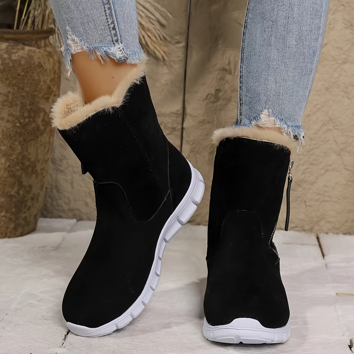 

Women's Booties - Casual Slip-resistant, Plush Lined Warm Shoes With Side Zipper