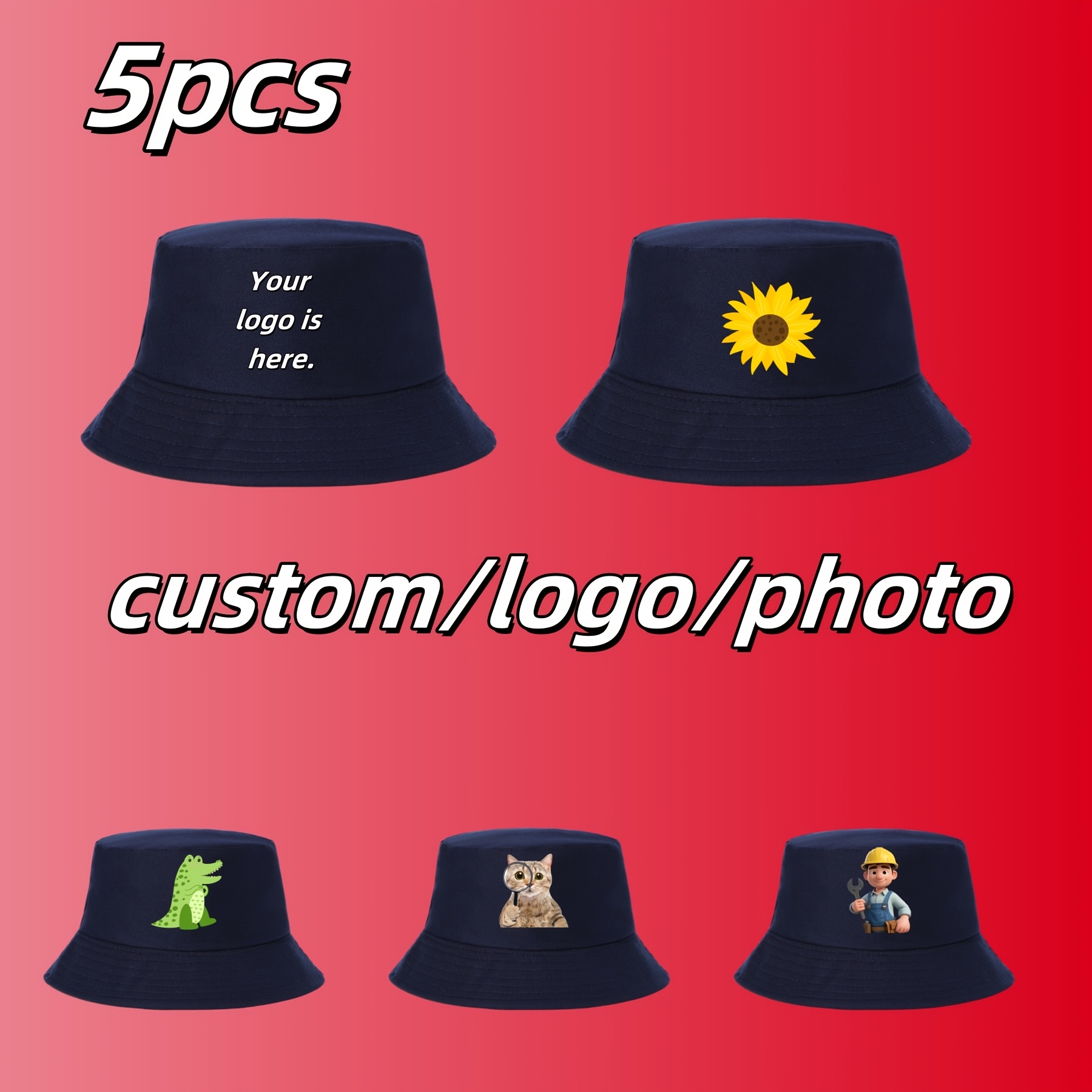 5pcs Custom Logo Double-Sided Bucket Hats