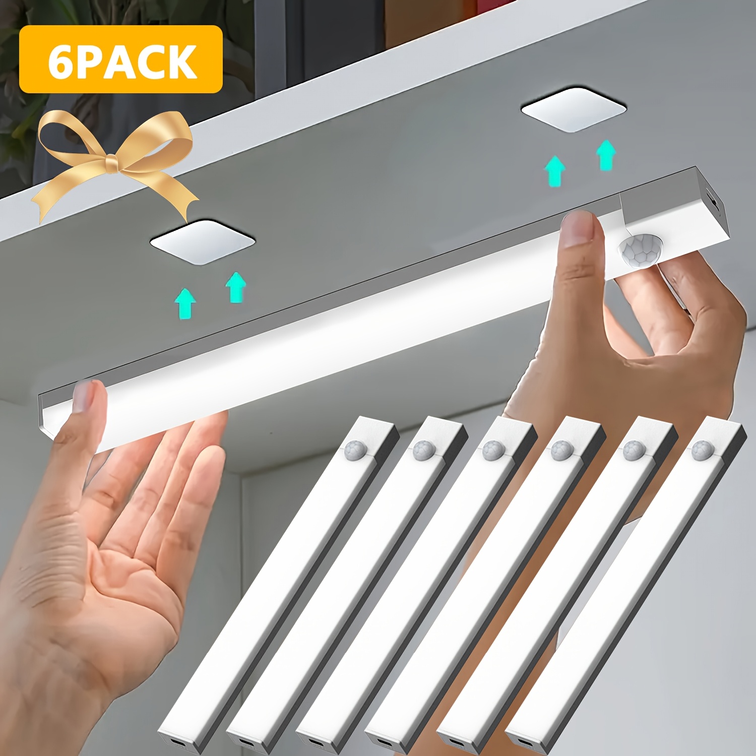 TEMU Set Of 6 Led Lights With Motion Detection, Rechargeable Via Usb, Featuring 3 Adjustable Brightness Levels, Ideal For Use In Bedrooms,, Kitchens, Smart, Bedside Reading, And Cabinet