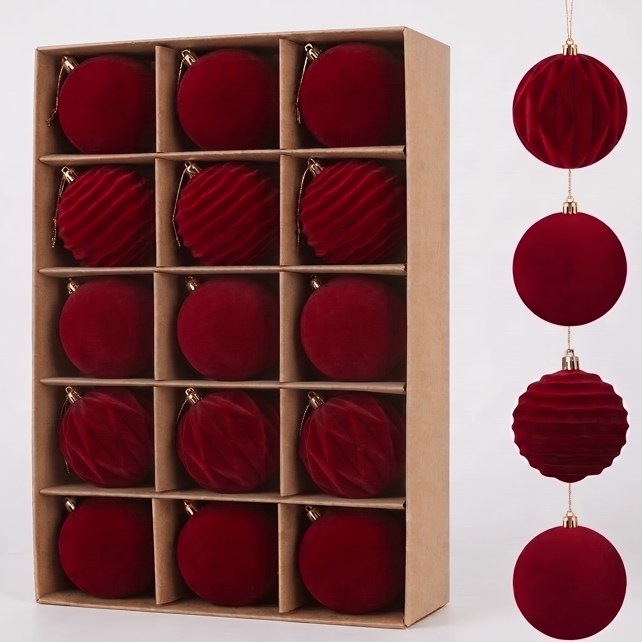 TEMU 15pcs Red Velvet Christmas Ornaments Balls, 2.36 Inch Flocked Christmas Tree Decorations, Shatterproof Hanging Baubles With Elegant Textured
