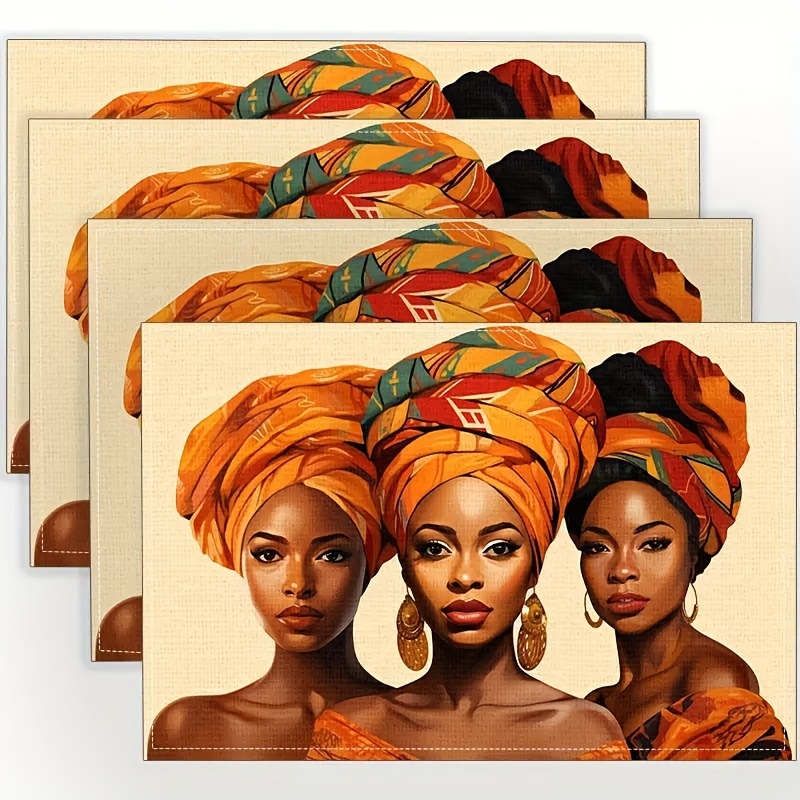 

4 Pieces Of African-inspired Fashionable Women Linen Table Mat Set - Heat Resistant, Non-slip, Suitable For Kitchen, Dining Table, And Coffee Table Home Decor, Add Elegant Colors To Your Dining Table