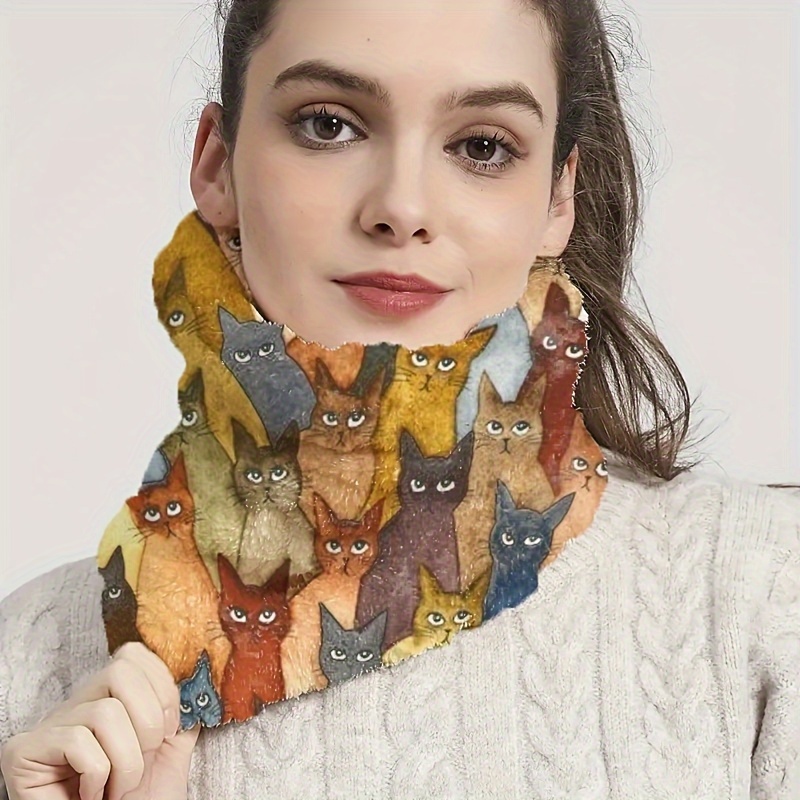 Image of Unisex Winter Warm Cat Print Scarf - Elastic Street-, Machine Washable & Dry , Vibrant Cat Illustrations For Outdoor Cold-proof Fashion Accessory, Cat Clothes, Casual Streetwear, Elastic , Fabric