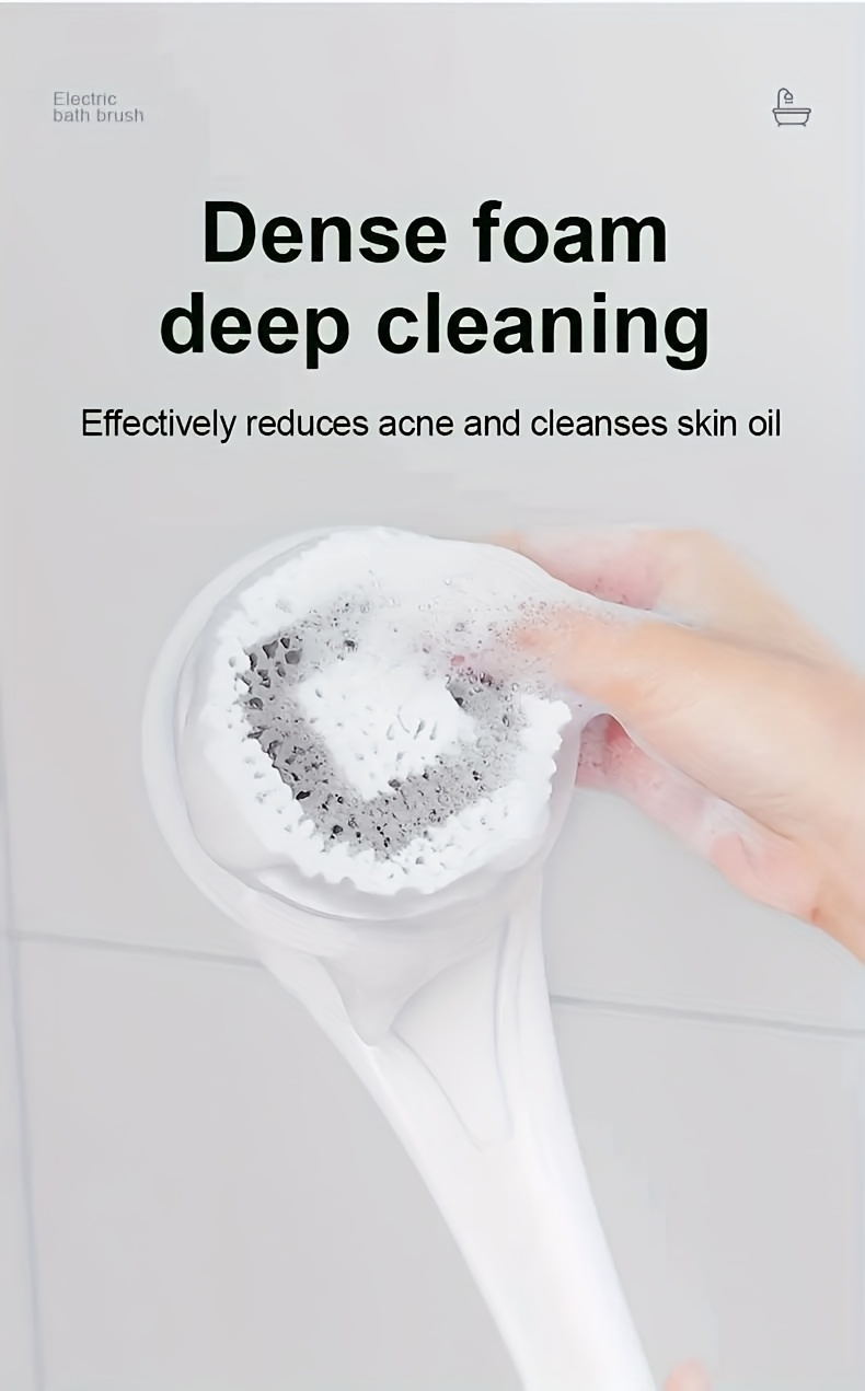 this electric rotating body brush   with five interchangeable heads and   charged using a usb connection its soft bristles are   the skin ensuring a safe and pleasant bathing experience Product details 3
