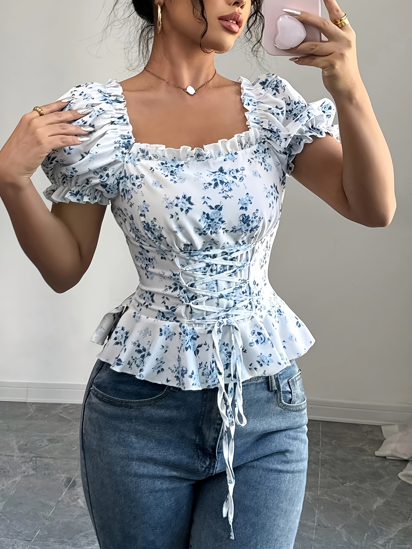 Women's Floral Collar Lace-Up Blouse with Puff Sleeves Lightweight  Machine-Washable Shirt for Spring Summer Fall, Elegant Office Casual Wear, 