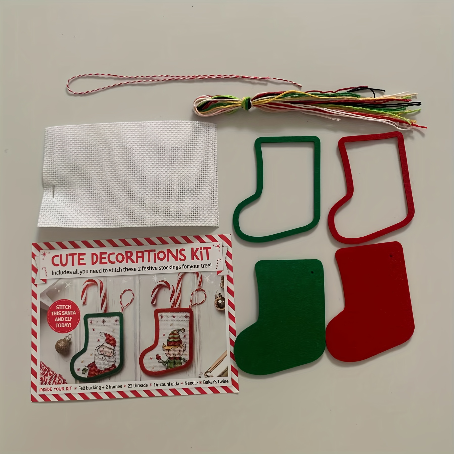 Christmas - Kit / Christmas Stocking Embroidery Supplies, Includes Cloth, Threads, And Felt Fabric
