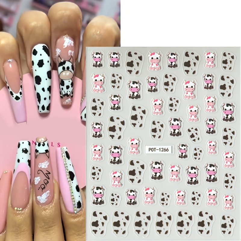 

2pcs Cute Cartoon Cow 5d Embossed Nail Art Stickers - Self-adhesive, Shimmer For Chic Manicure Decor, Theme, Irregular Shape