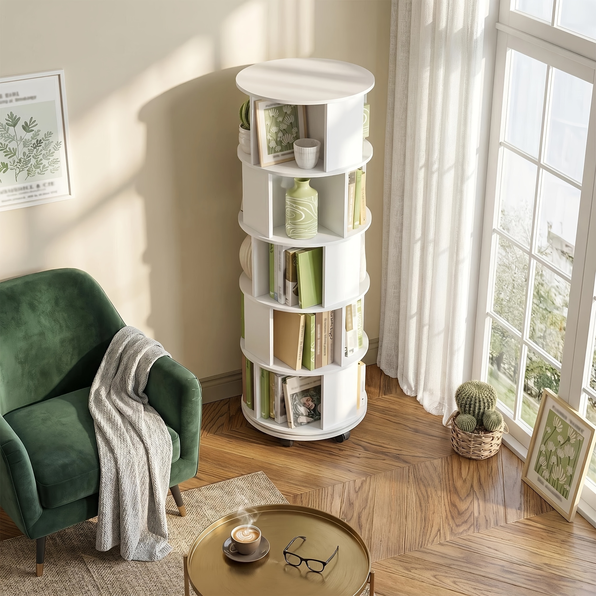Cylindrical Bookcase, 5-tier Upright Bookcase, , Smooth Rotation, Fitted With Castors, Portable, Ideal For Living Room Or Study Corners, Space-, Storage Unit