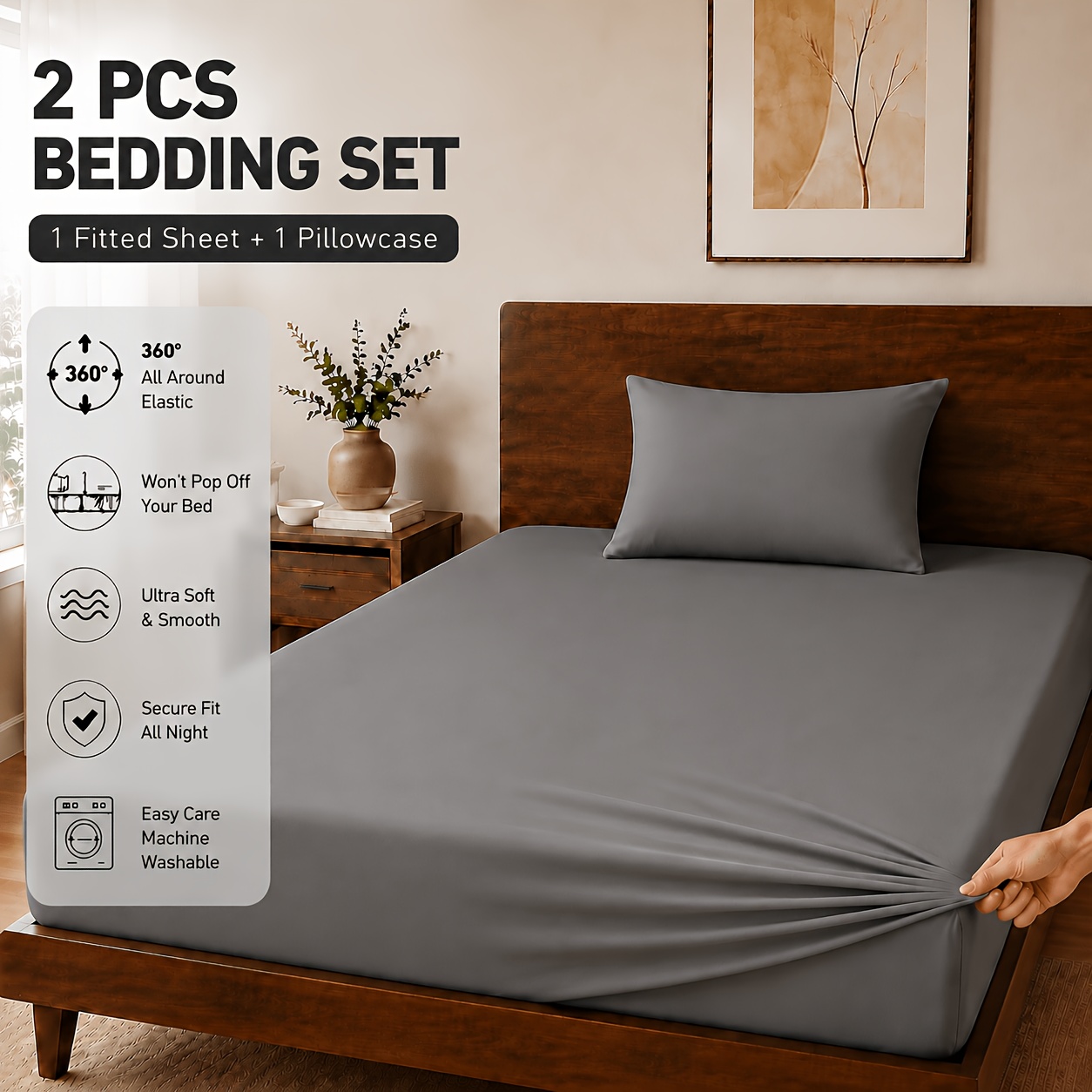 TEMU 2/3pcs Soft Brushed Fitted Sheet Set, Skin-friendly Washed Solid Bedding, Hotel-grade Deep Pocket Stretch Fitted Sheet With 1/2pcs Pillowcases