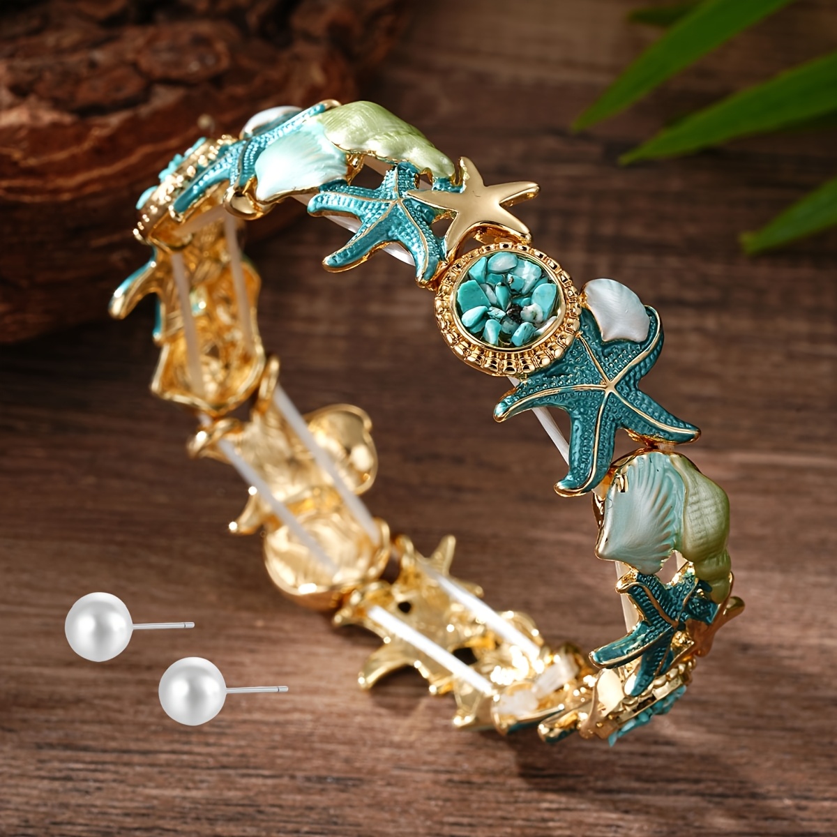 Image of Cringcoco Boho Summer Coastal Jewelry, Multi Starfish & Seashell Enamel Craft Inlaid Turquoise Stone Plated Open Cuff Bracelet For Ladies Holiday Gift
