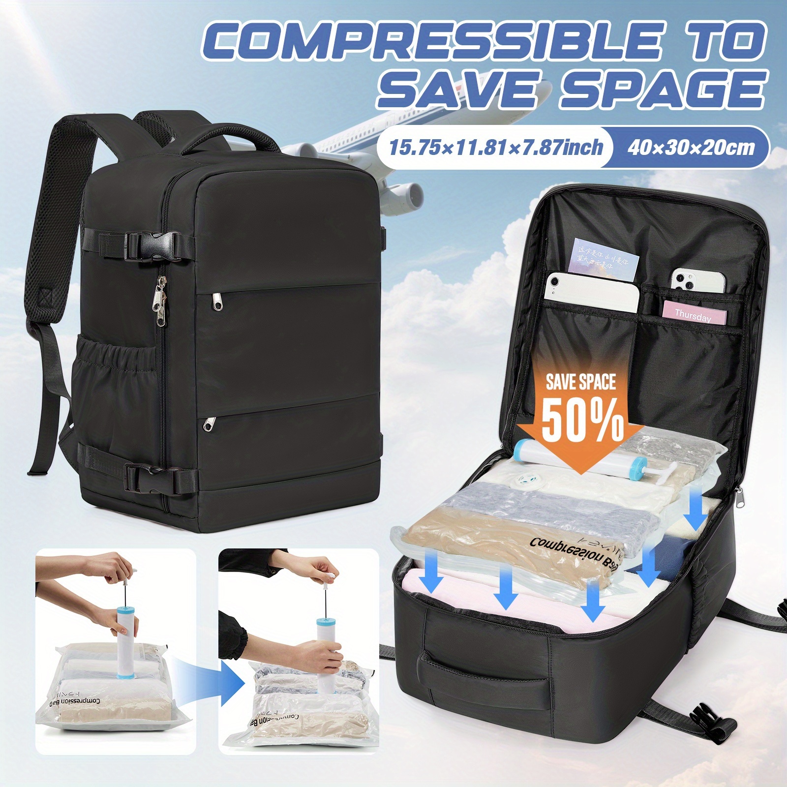 E-shop Vakuum-Kompressions-Reiserucksack mit Handpumpe & Kompressionsbeuteln - 40x30x20cm Flugzeugtaugliches Volumenreduzierendes , Leichtgewicht für
